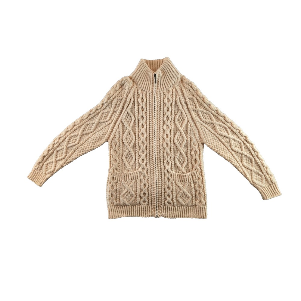 Carraig Donn‎ Sweater Mens M Beige Irish Wool Cable Handknit Fisherman Full Zip